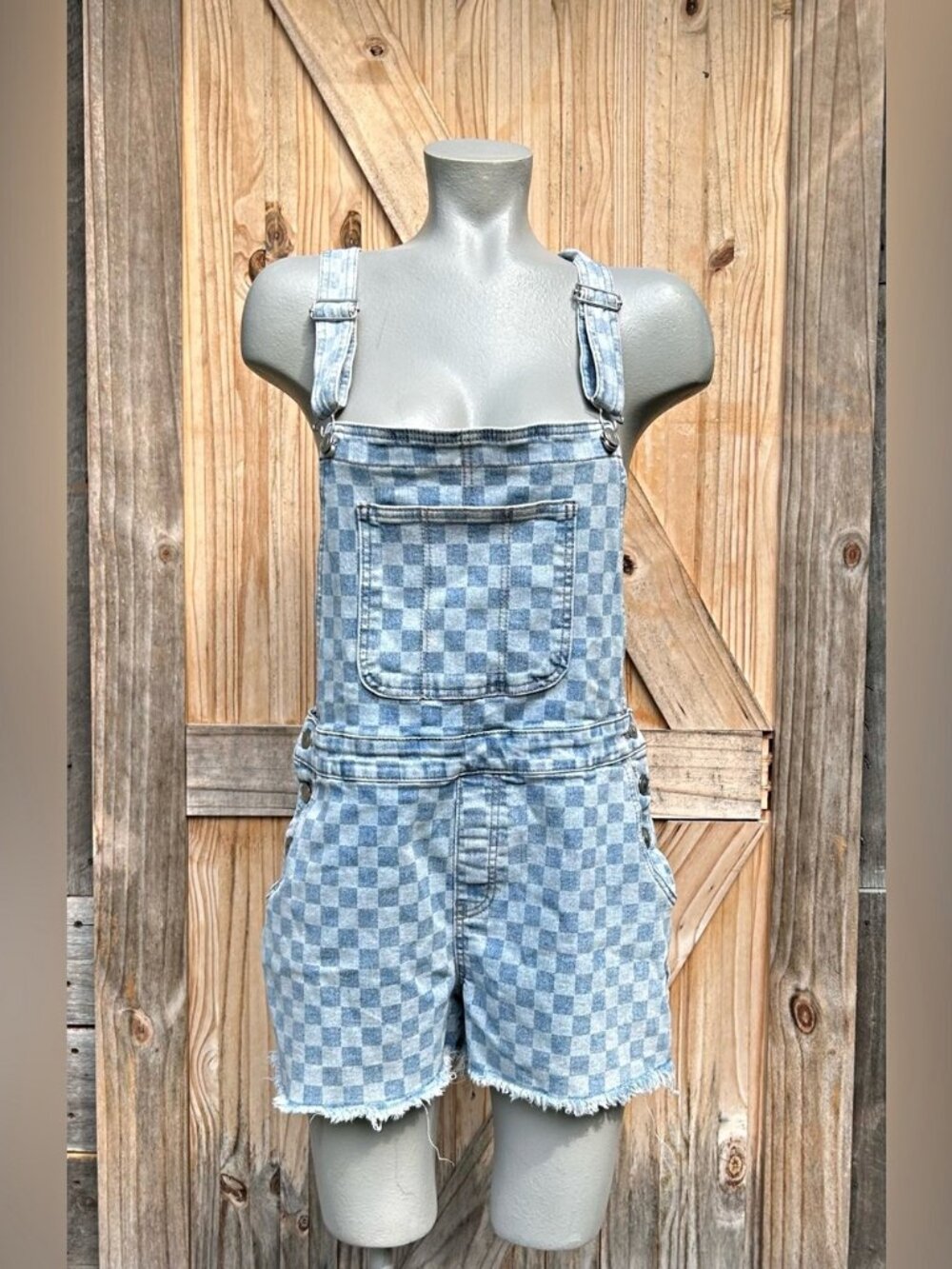Vintage 90s No Boundaries Blue Stretch Checkered Denim Bib Overalls Shortalls~L
